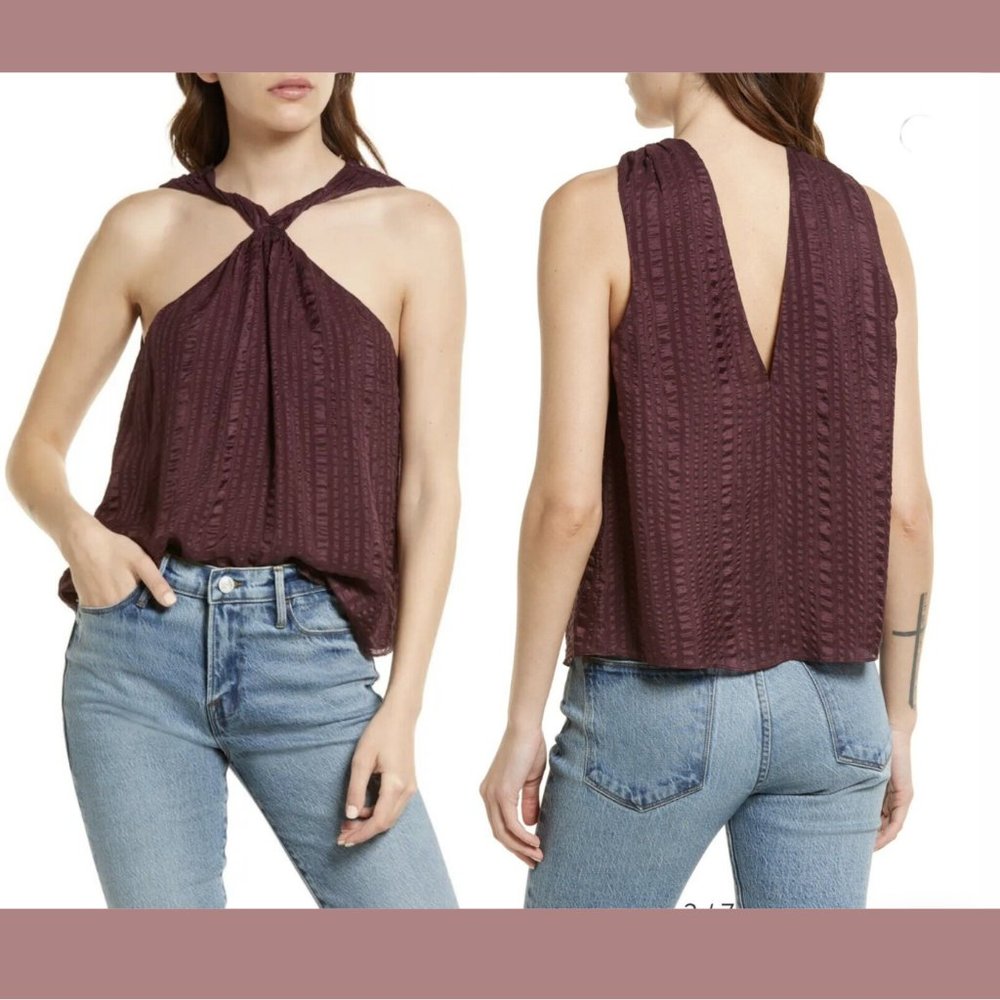 NEW $378 Frame [ Small ] Draped Textured Silk‎ Halter Top in Cabernet Red